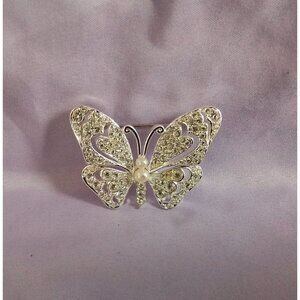 Vintage Silver Tone Butterfly Brooch With Rhinestones & Faux Pearl Accent